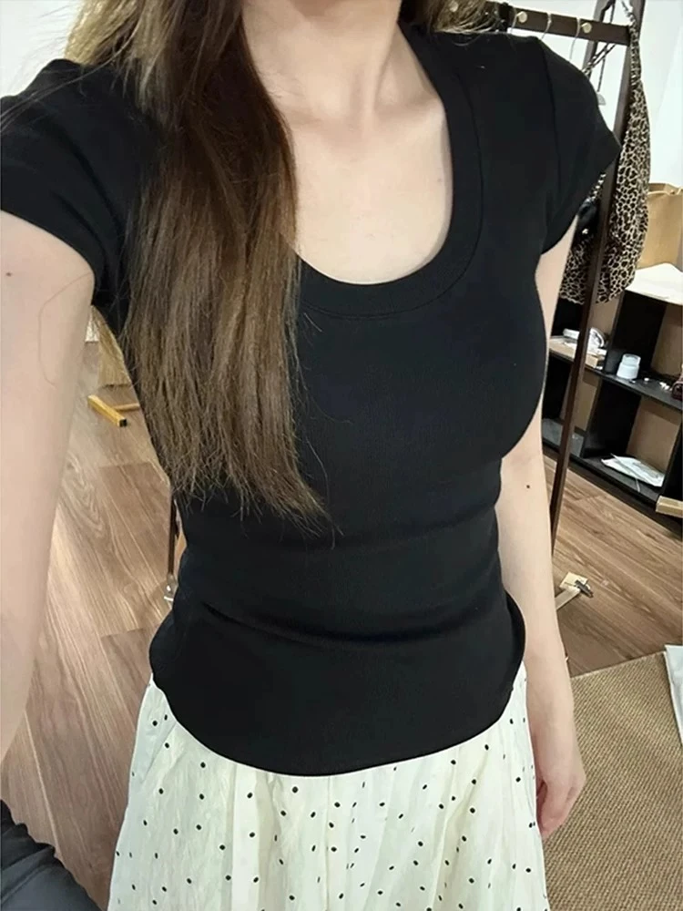 美式U领正肩短袖t恤女夏季辣妹修身显瘦纯欲设计感收腰打底衫上衣