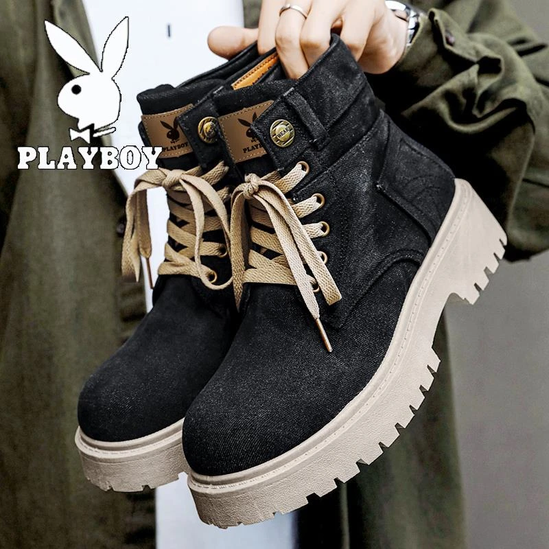 花花公子马丁靴男款冬季英伦风西部牛仔高帮鞋厚底耐磨复古工装靴