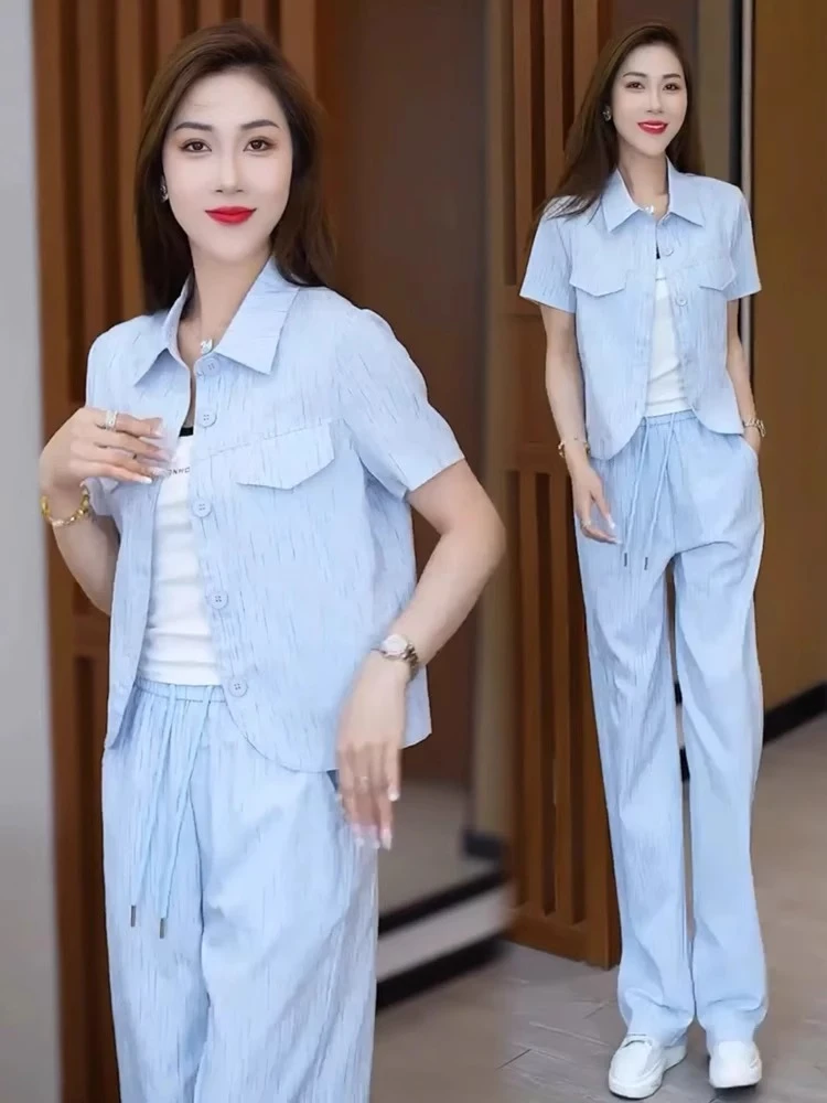 时尚洋气套装女2025夏季新款小个子短袖上衣显瘦阔腿裤气质两件套