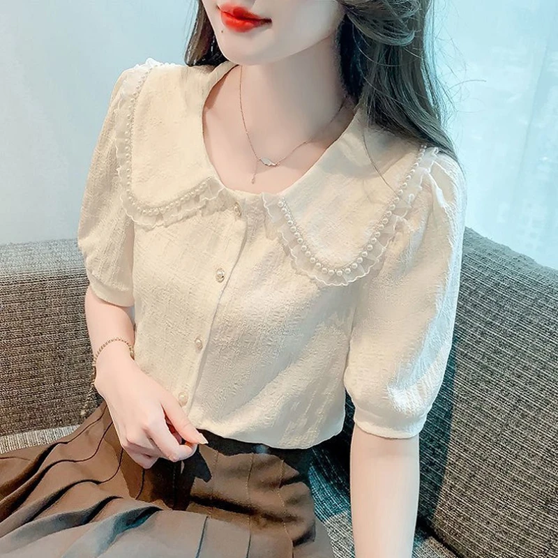 2025夏季新款法式洋气减龄钉珠娃娃领灯笼短袖宽松显瘦衬衫上衣女