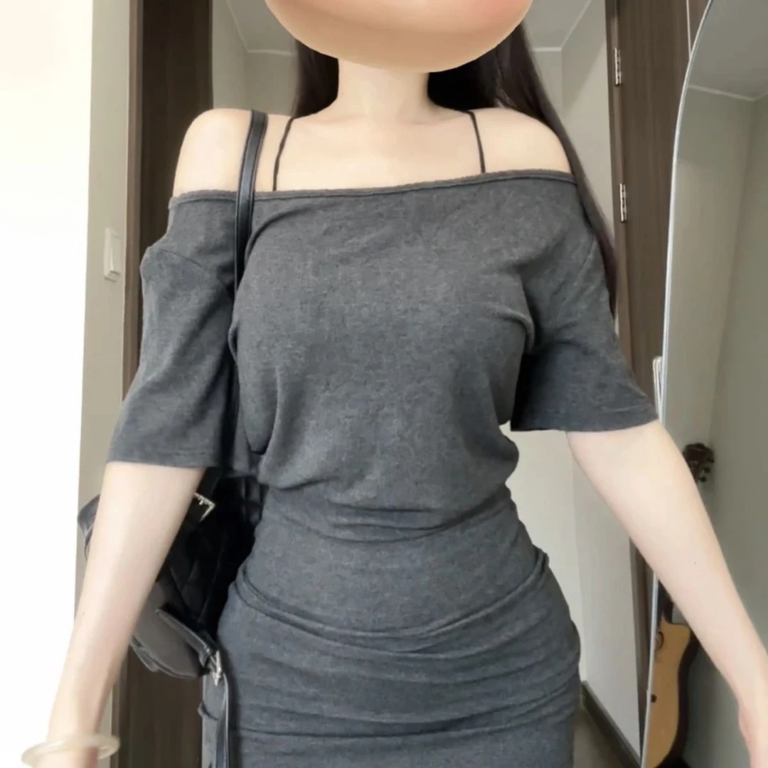 夏季新款深灰色短袖包臀裙女夏季性感辣妹运动显瘦收腰连衣裙短裙