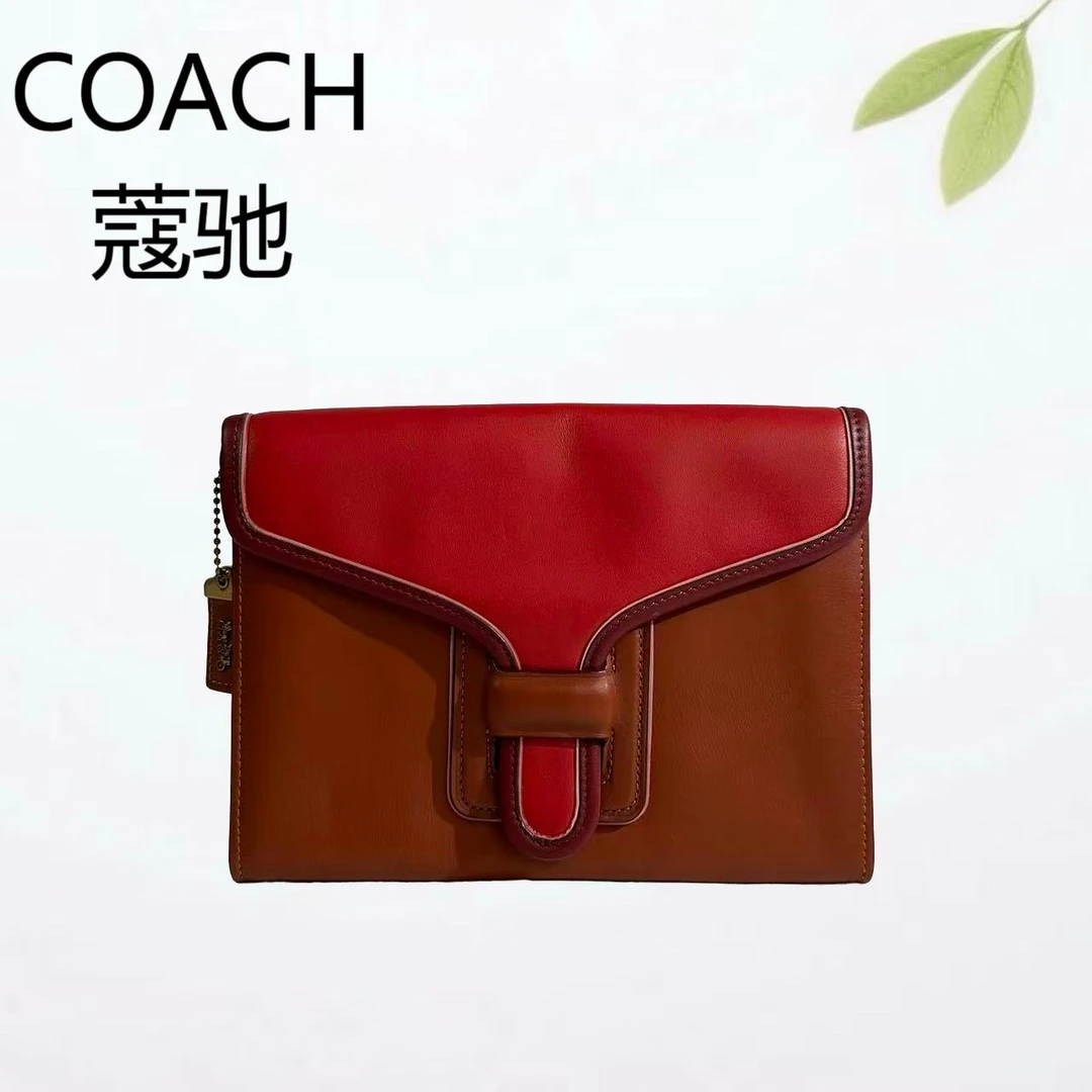 95新 COACH/蔻驰 焦糖拼红手拎包G25804599底长22X17