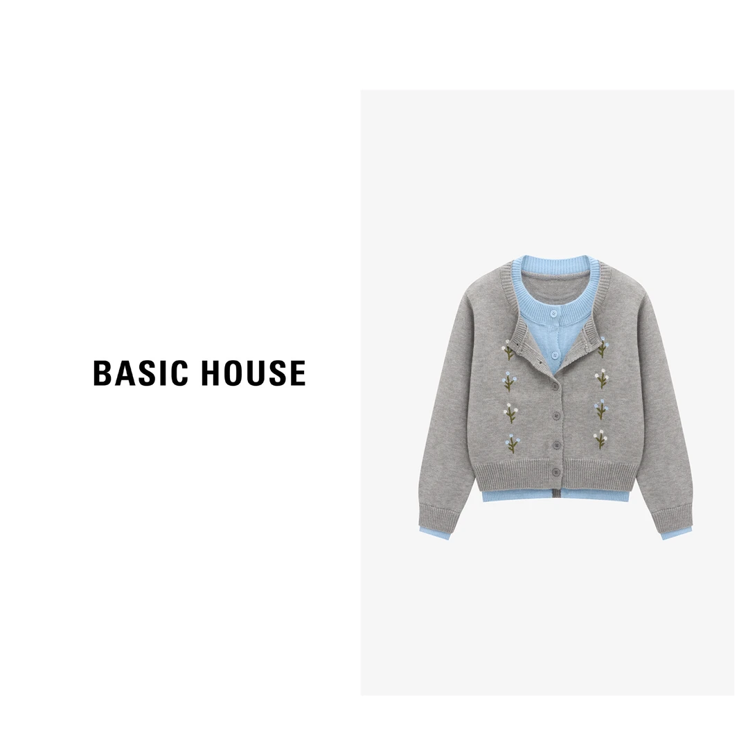 Basic House/百家好刺绣假两件秋冬温柔风宽松毛衣-B0625B5NJM2