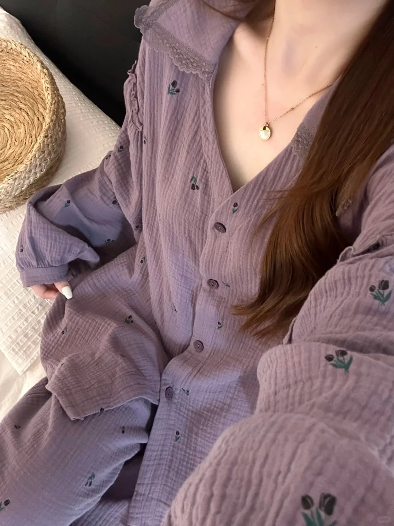 温柔风紫色碎花棉纱睡衣女春秋新款大码长袖套装舒适婴儿棉家居服