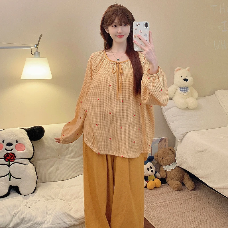 带胸垫睡衣女秋季2025新款小樱桃黄格套装休闲可外穿家居服