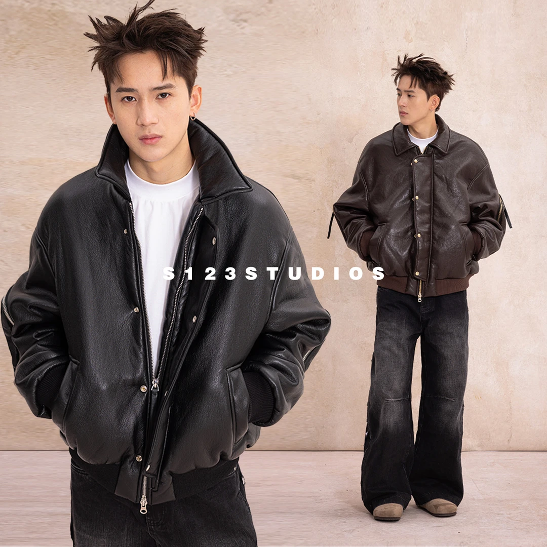 S123 美式高级感婴儿肌90白鹅绒 廓形短宽拉链袖工装皮衣羽绒服