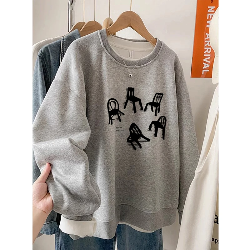 胖MM大码个性椅子印花圆领卫衣女2025新款秋冬季加绒加厚套头上衣