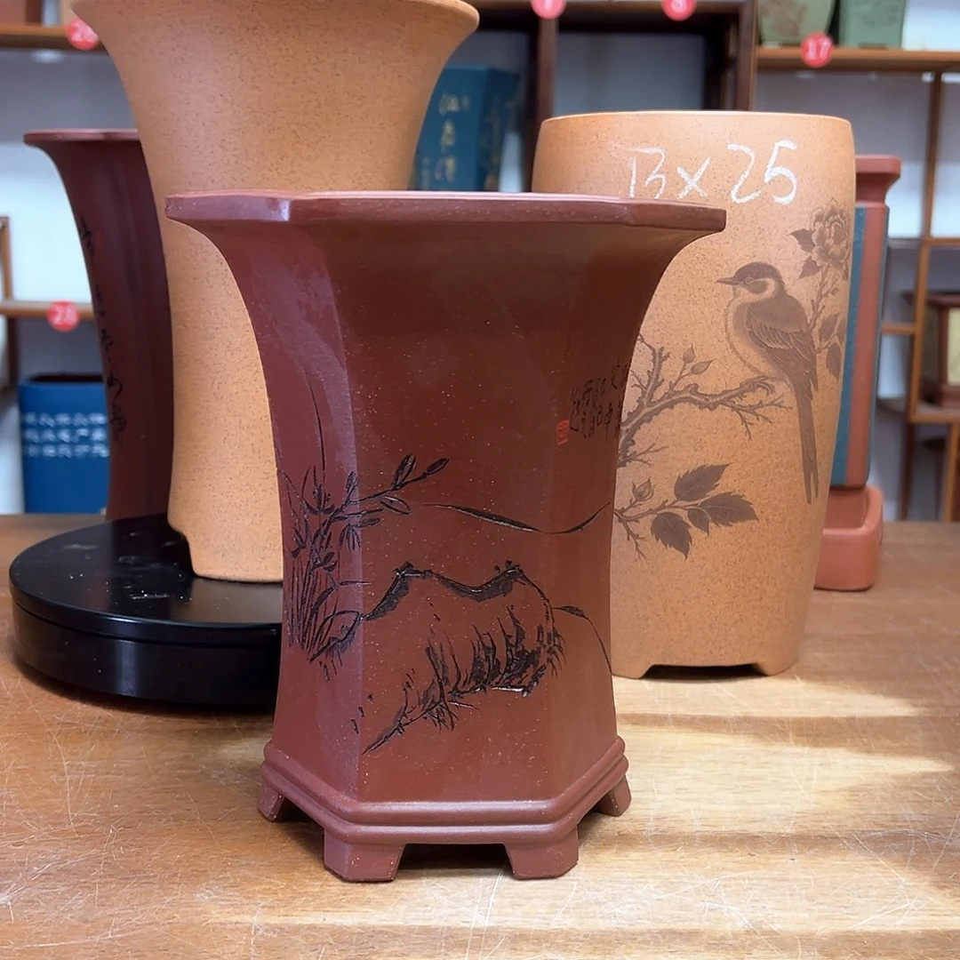 青***草紫砂花盆微瑕周之夏精品紫砂花盆