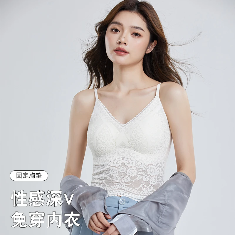 加兹尼503内衣女法式V领蕾丝性感美背女吊带背心中长款打底内搭