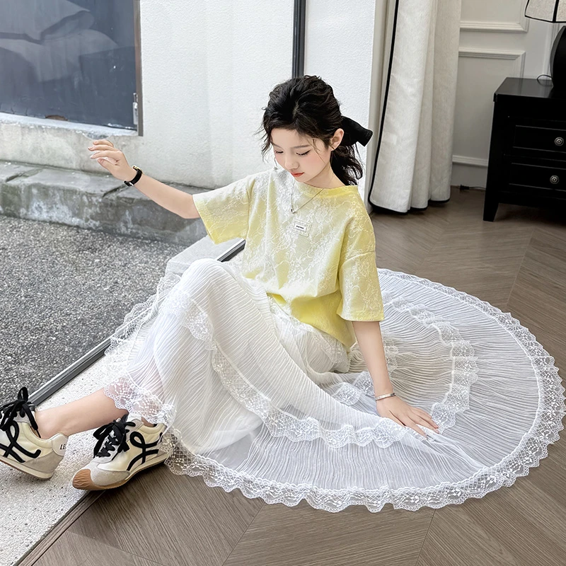 女童短袖T恤套装裙夏季中大童蕾丝半身裙两件套2025新款韩版洋气8