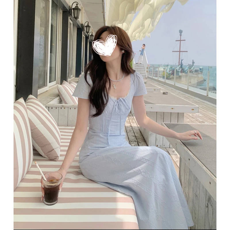 FRVXO【柔蓝一水】韩系高智感法式蕾丝拼接假两件气质收腰连衣裙