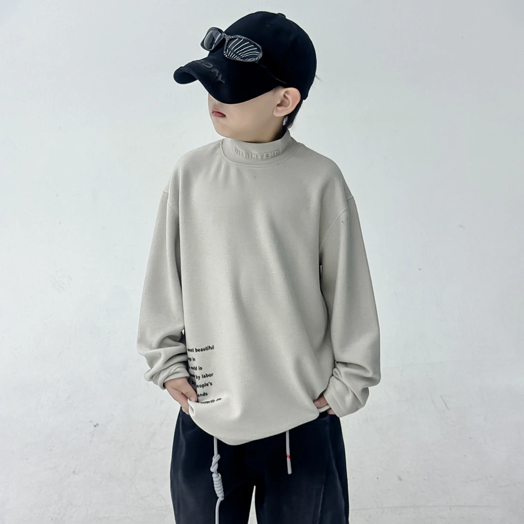 男童杏色半高领德绒打底衫秋冬2025新款儿童自发热保暖上衣中大童