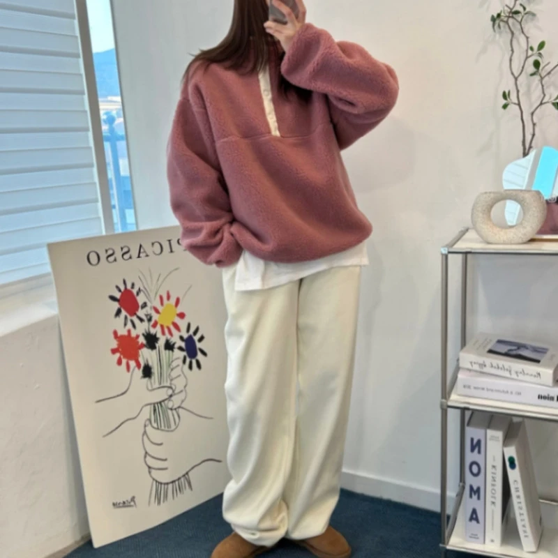 有货KOREA甜美软糯按扣立领慵懒风摇粒绒宽松时尚保暖卫衣款外套