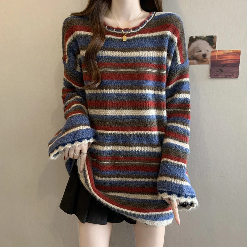 大码女装韩系复古撞色条纹加厚毛衣女MM遮肚慵懒风宽松软糯针织衫