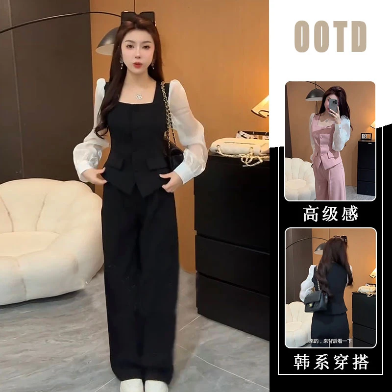 绝美休闲时尚赫本套装女秋季胖mm显瘦高级感T恤上衣阔腿裤两件套