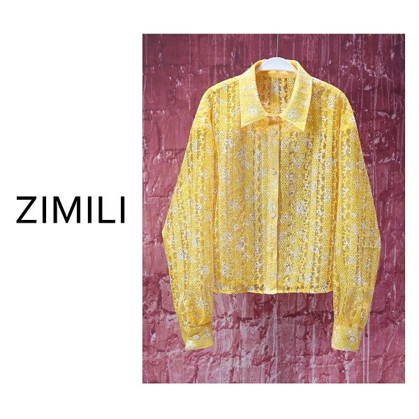 【亮哥女装】2025亮黄色勾花蕾丝微透休闲衬衫9623