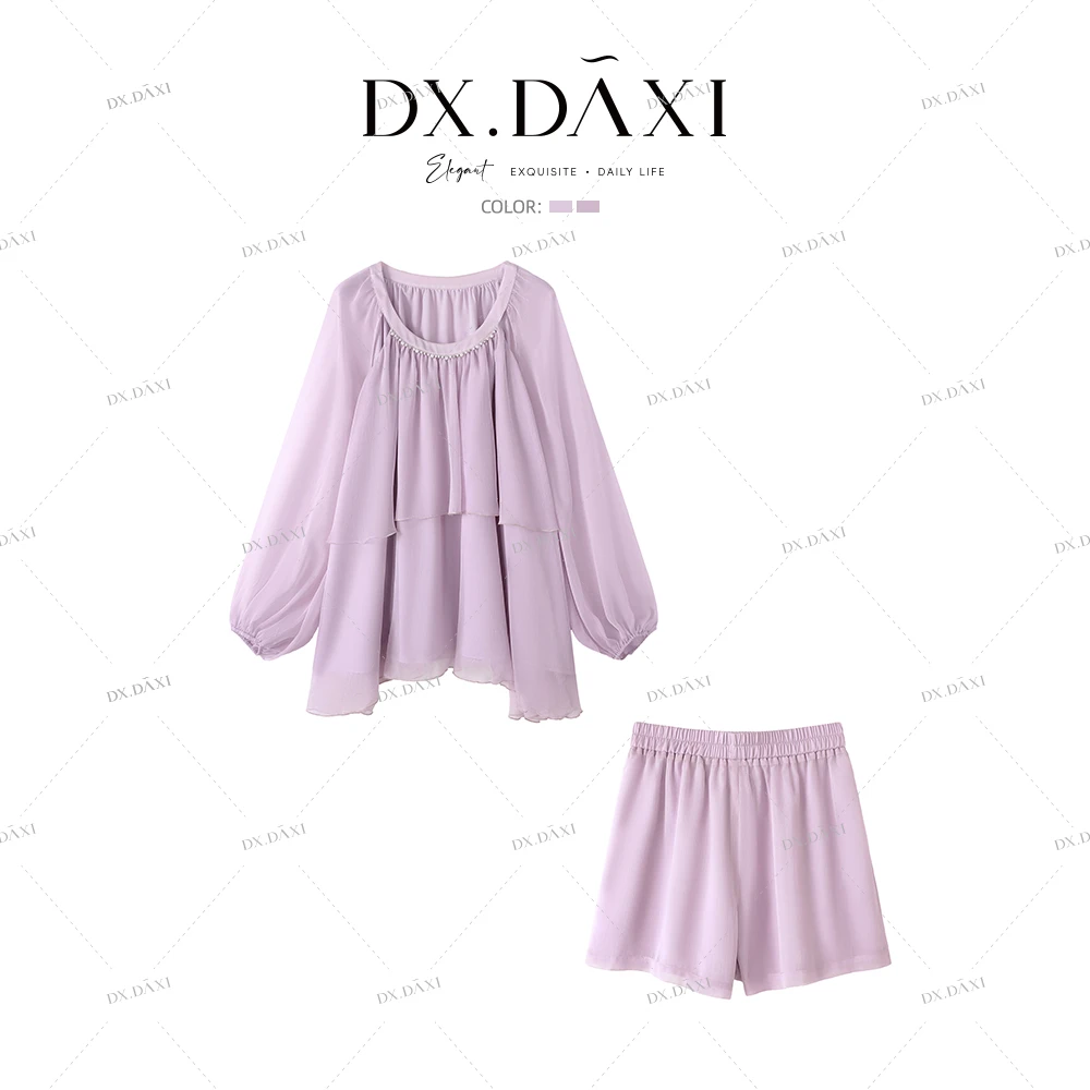 代大喜【紫烟暮色】套装女2025新款爆款洋气短裤雪纺衫上衣两件套