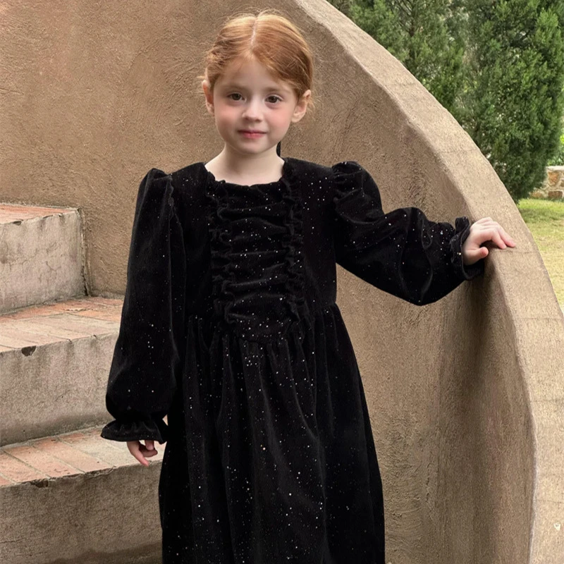 橙乐24冬季 女童烫钻丝绒加厚连衣裙 女童公主裙