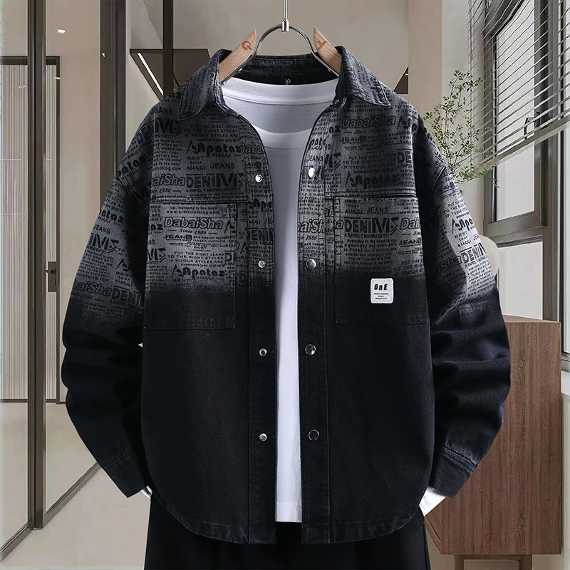 日系渐变色加绒加厚牛仔外套男士百搭帅气春秋季夹克韩版宽松潮流