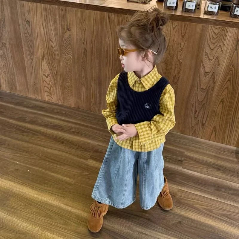 韩国童装女童叠穿格子衬衫针织吊带秋季小女孩撞色穿搭牛仔阔腿裤