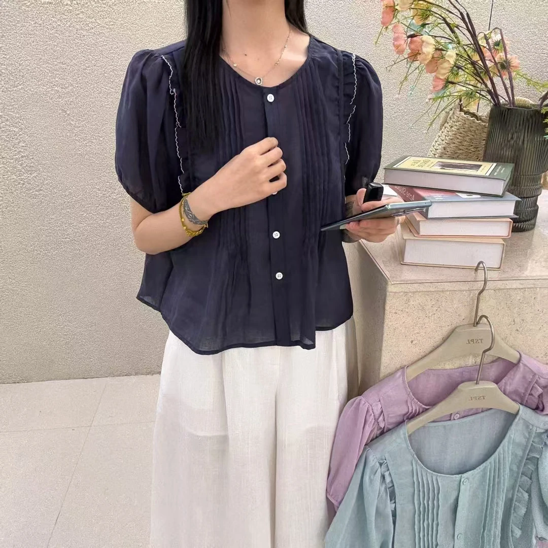 炸款～白色麻料压褶设计感衬衫88266