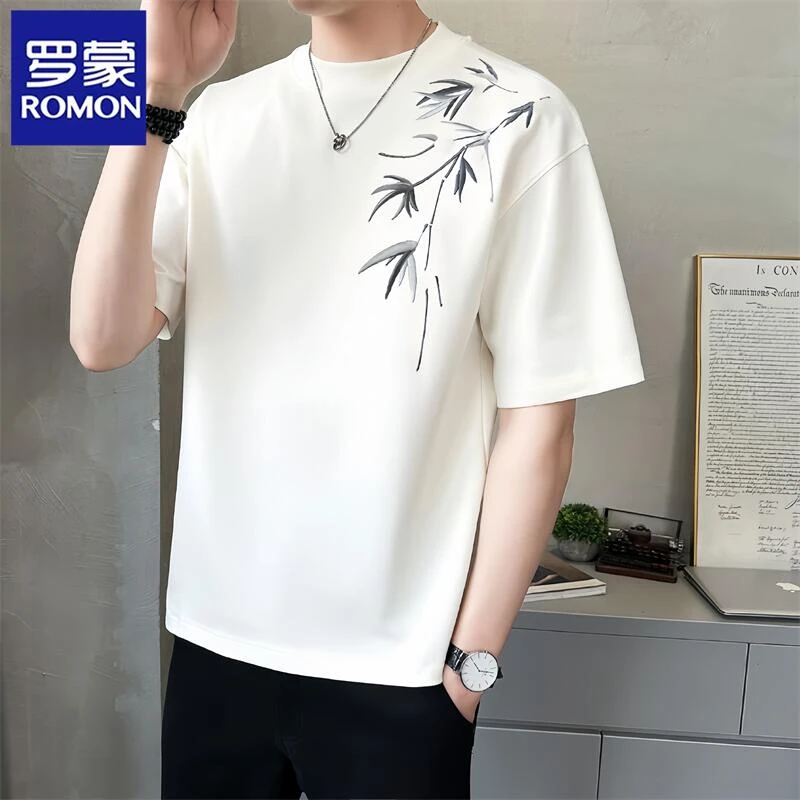 Romon/罗蒙百搭圆领短袖男士夏季t恤新款潮流半袖休闲时尚男装薄