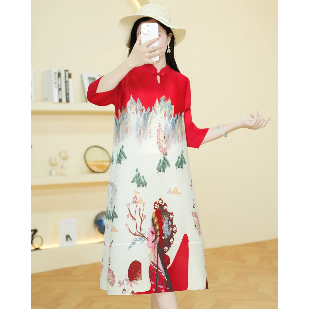 【欧洲站】AF061印花宽松红色褶皱气质连衣裙