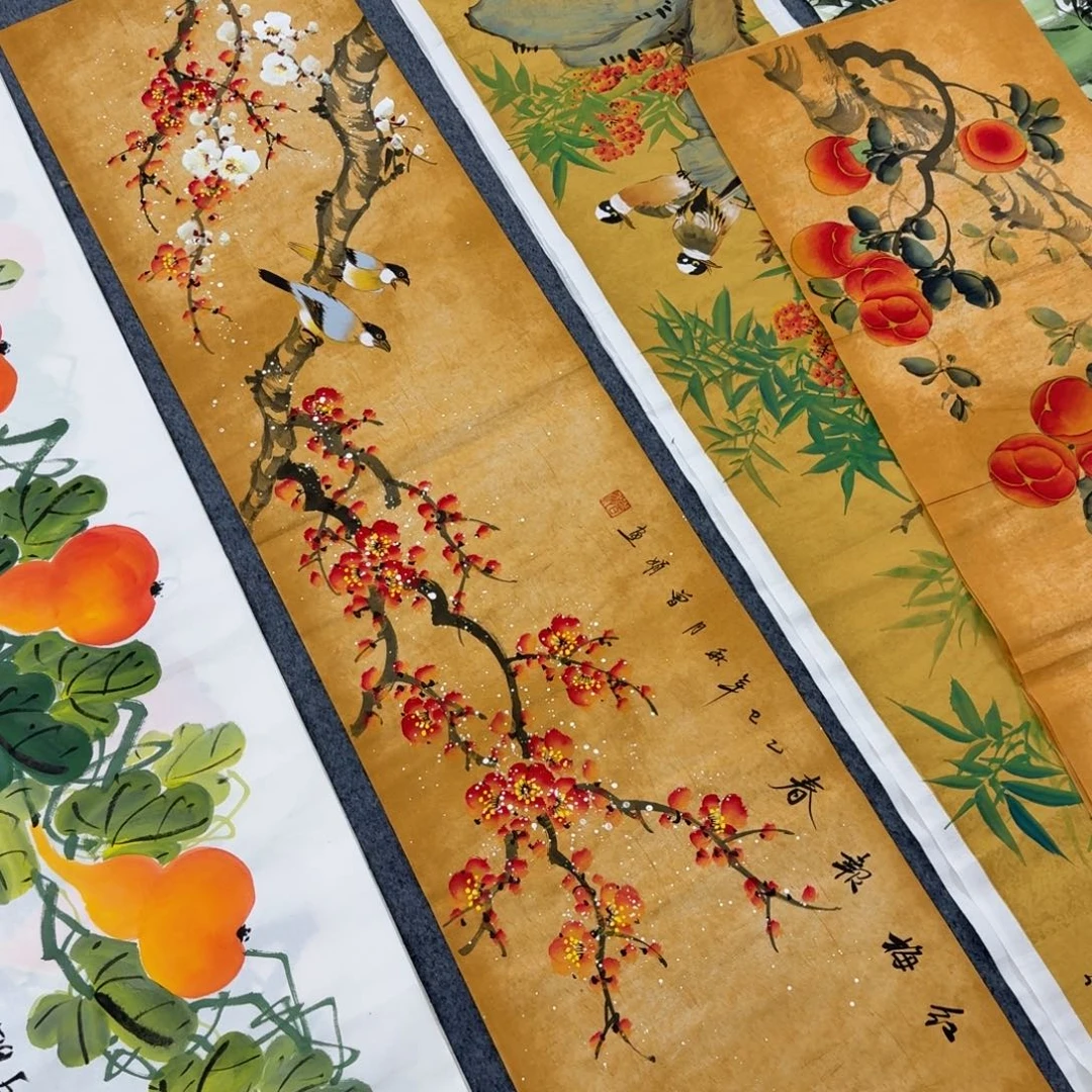 再***方国画四尺对开35X140纯手绘作品