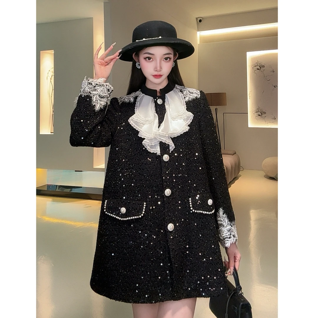 NICE KIKI【暗夜千金】2025初秋黑色气质重工钉珠蕾丝设计感外套057