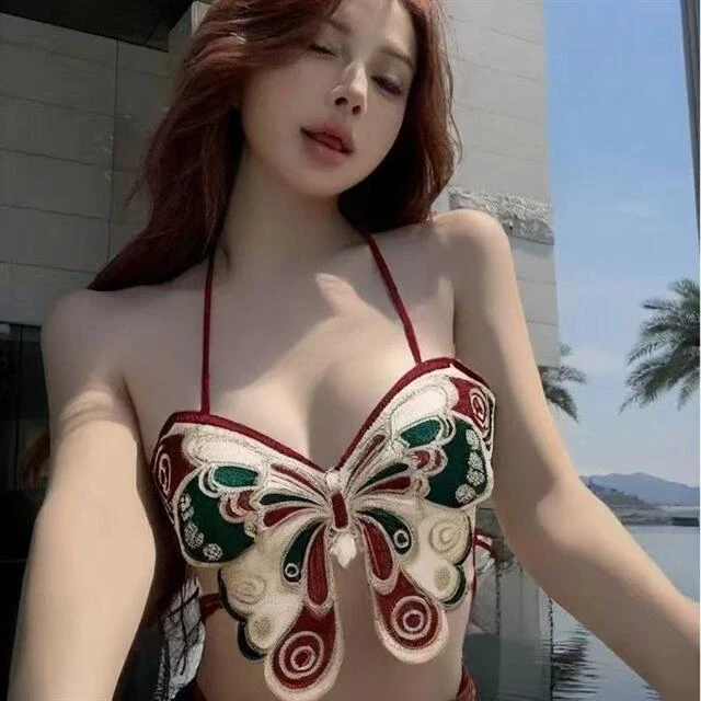 欲风蝴蝶刺绣绑带背心女夏季度假辣妹短款性感吊带上衣