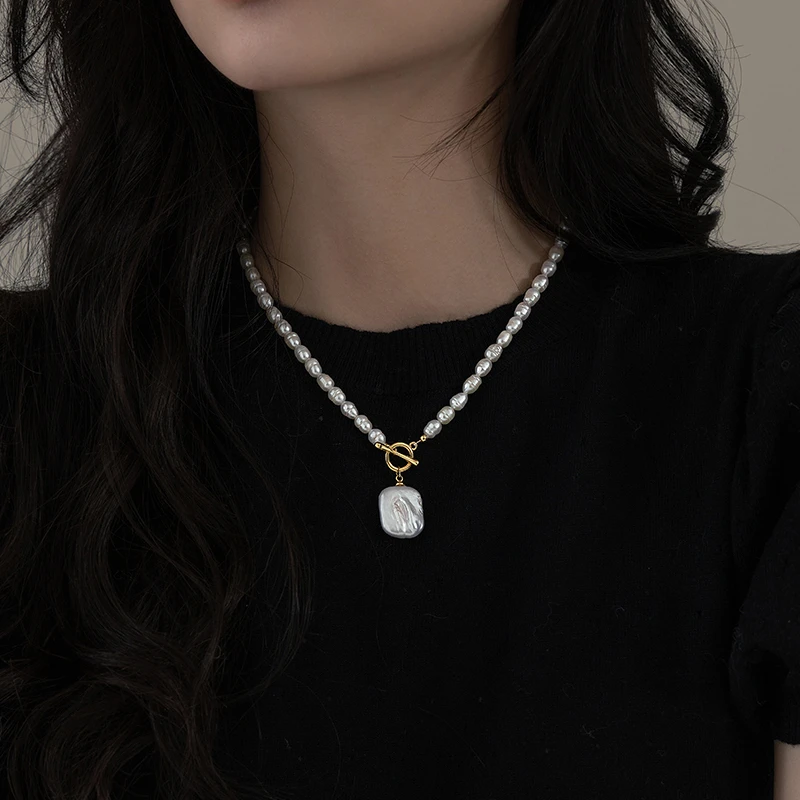 【无事牌】天然珍珠项链女气质高级感巴洛克方牌吊坠复古轻奢锁骨链