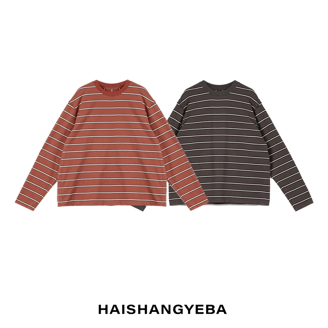 【海上叶爸】新款2025秋冬百搭棉圆领套头条纹长袖休闲T恤