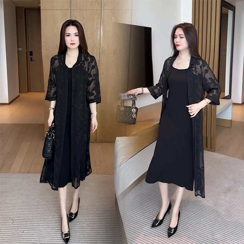 中长款洋气外套遮肚薄款大码女装外搭纯色吊带裙子两件套连衣裙