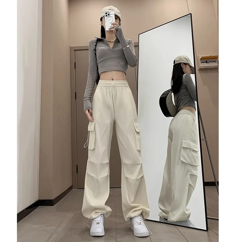 【APPBEAU正品】降落伞裤工装裤女士高腰阔腿休闲裤运动裤