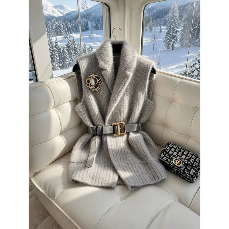 新款2025爆款洋气欧货大版收腰显瘦毛衣马甲高级感灰色针织衫女春