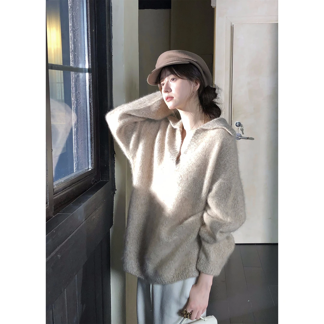 从一时刻 松弛感经典剪刀翻领针织上衣搭休闲阔腿裤套装CY-95062
