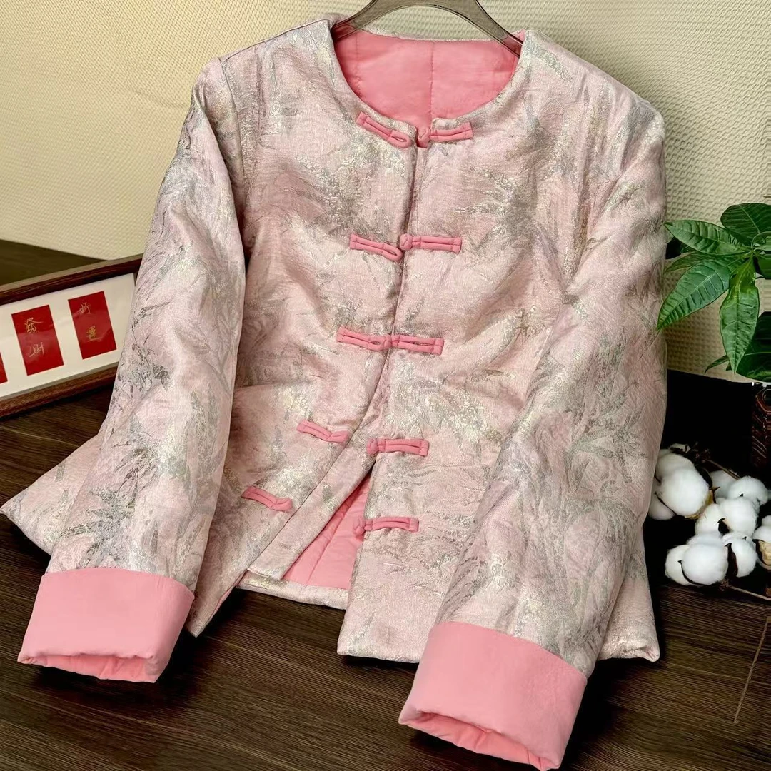 竹报平安100%新疆长绒棉花冬季新款新中式缎面提花长袖盘扣棉服