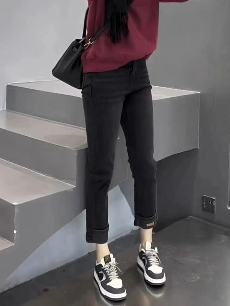 7377黑色牛仔裤烟管裤春秋时尚休闲秋季外穿显瘦小个子直筒百搭复