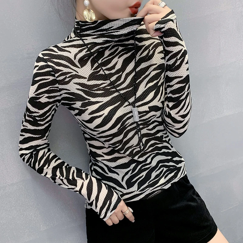 2025秋季 新款斑马纹提花紧身显瘦洋气T恤高领小衫上衣潮女打底衫