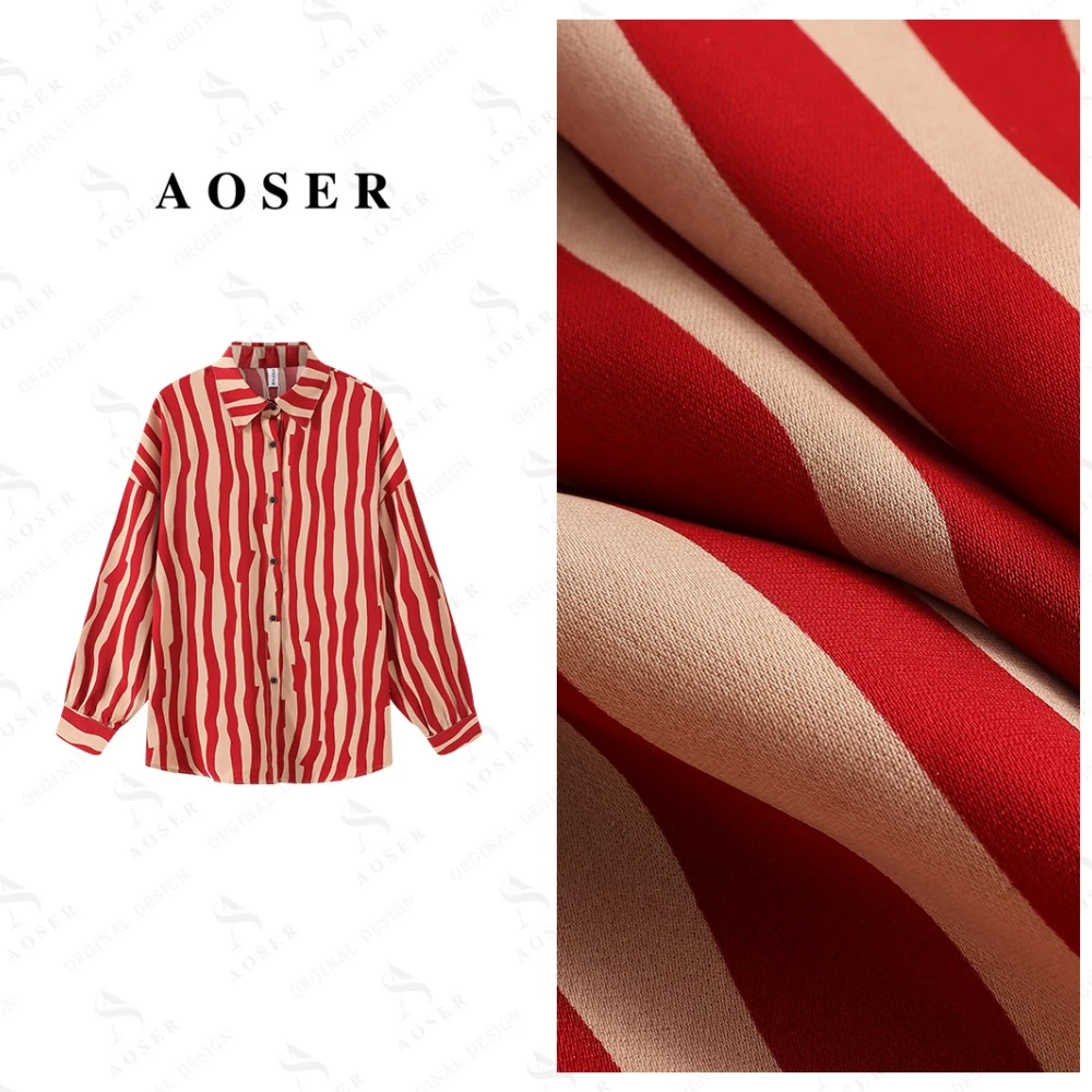 AOSERINS风斜纹衬衣条纹女士印花衬衫气质长袖常规百搭296