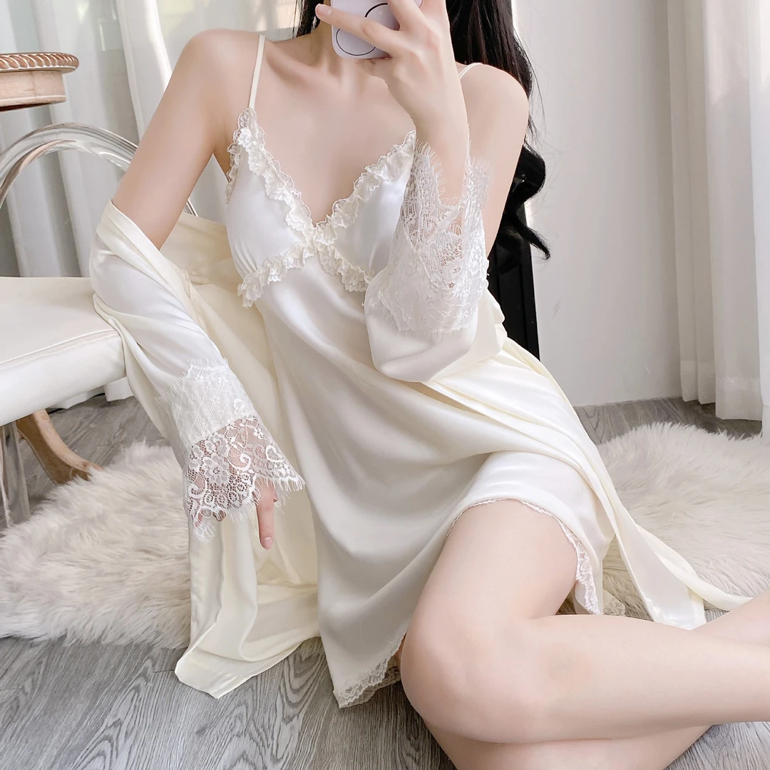 冰丝睡衣女夏季新款蕾丝花边吊带睡裙高级感性感纯欲风家居服套装