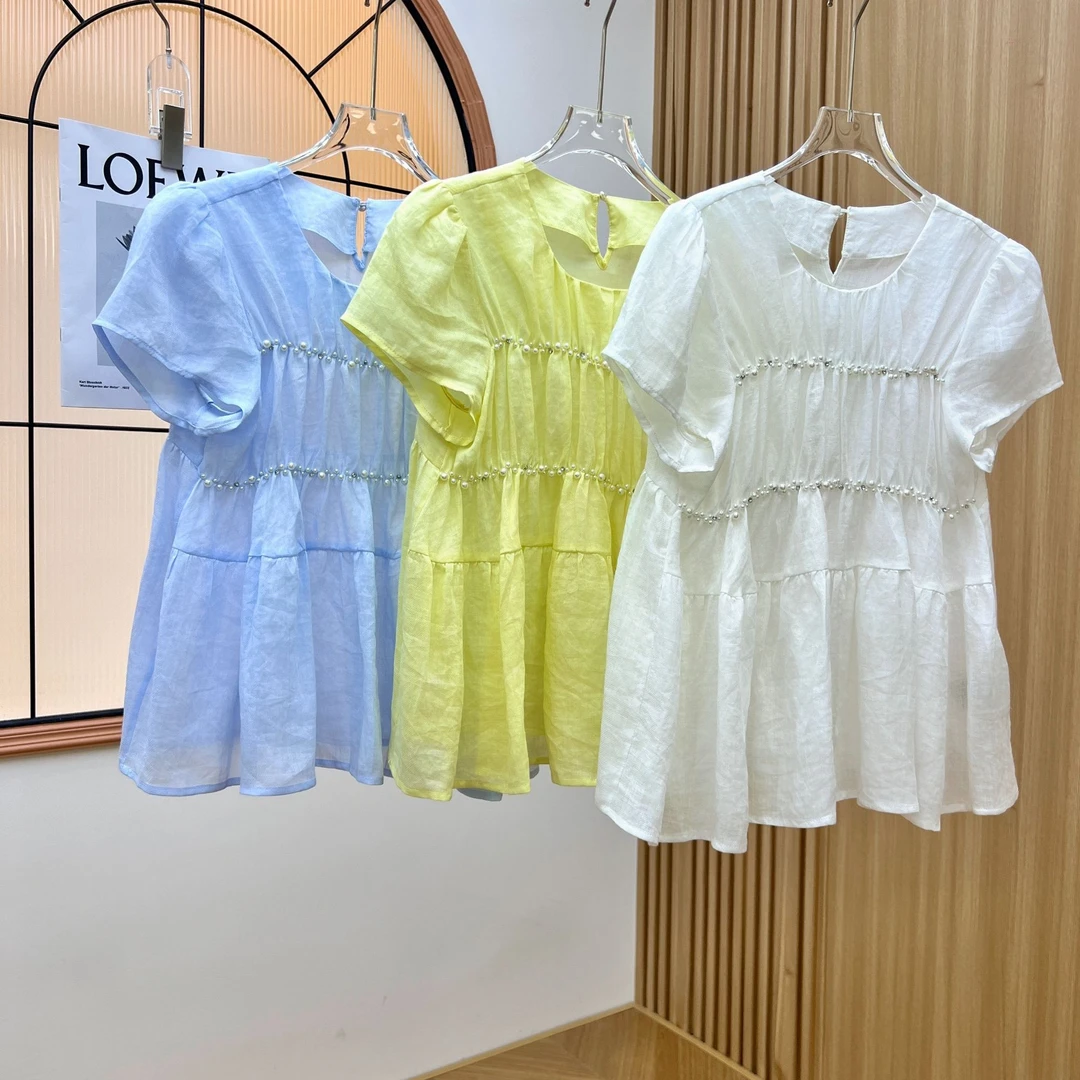 南油高货纯亚麻钉珠娃娃衫T恤百搭时尚重工夏季新品XGS53-006-02