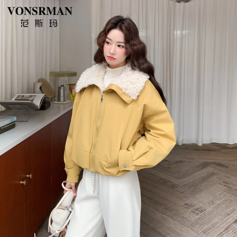 VONSRMAN拼接黄色羽绒服女冬季2025新款时尚气质加厚保暖宽松外套