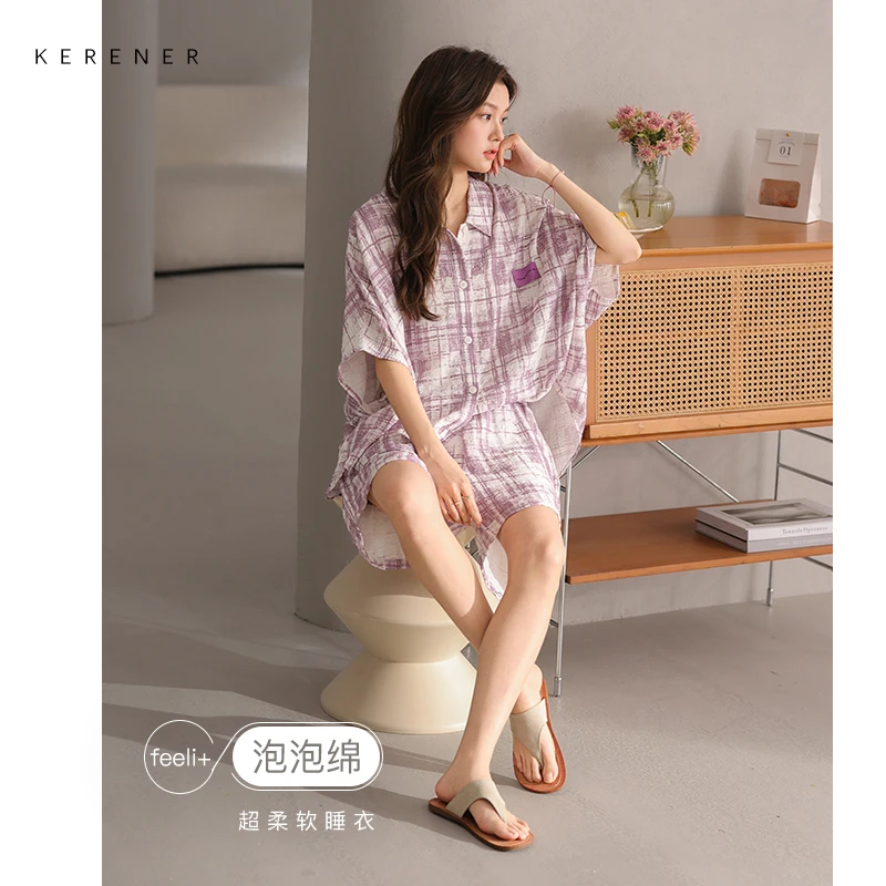 可人儿小众设计师新款泡泡绵女士睡衣夏季短袖可外出家居服套装