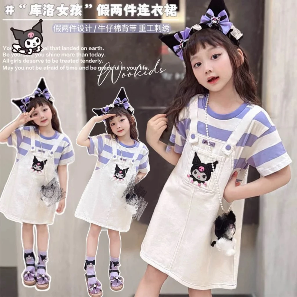 524哈哈家 女童夏季洋气可爱卡通假两件连衣裙特价