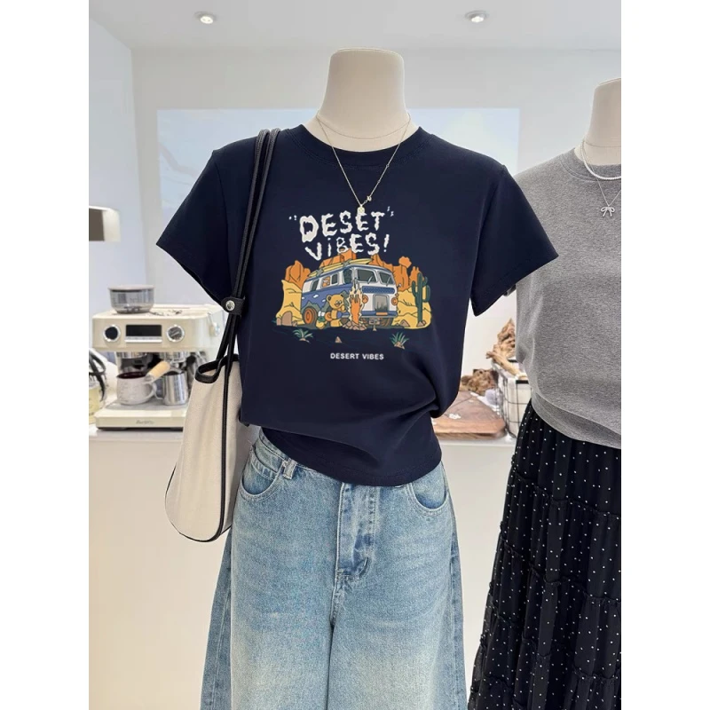 正肩圆领短袖t恤女装小众时尚百搭减龄洋气藏青色薄款上衣春夏季