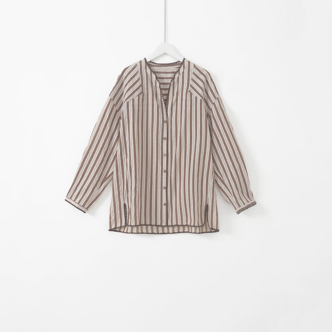 几里与麻 浅V领刺绣包边竖条纹衬衫 2081144