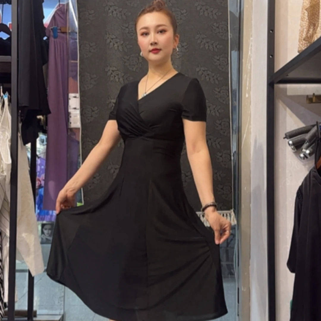 短袖常规褶皱显瘦V领夏季连衣裙长款礼服时尚裙子5228