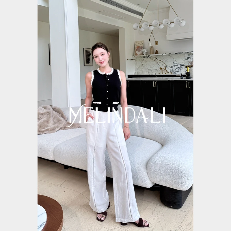 Melinda Li【蕾丝氧吧】梦颖私服复古蕾丝天丝亚麻高腰松紧腰直筒