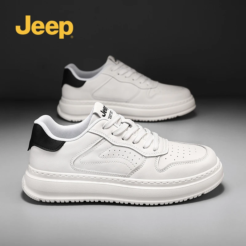 jeep吉普男鞋2025新款夏季透气小白板鞋男士百搭增高运动真皮潮鞋
